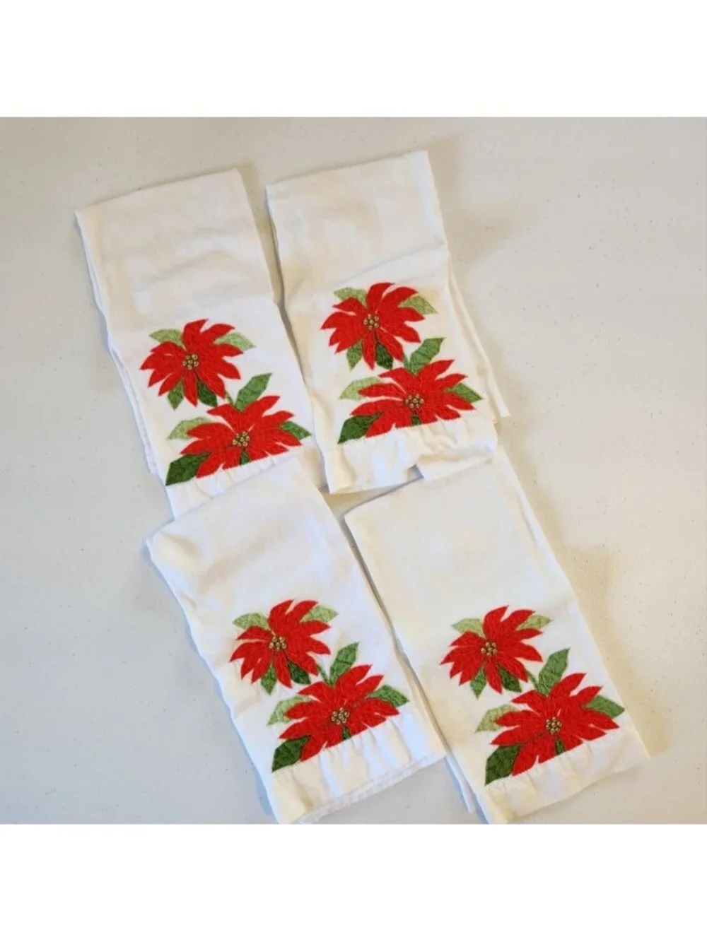 Vintage White Pointsettia Red Flower Christmas Napkins Table Linens Holiday
